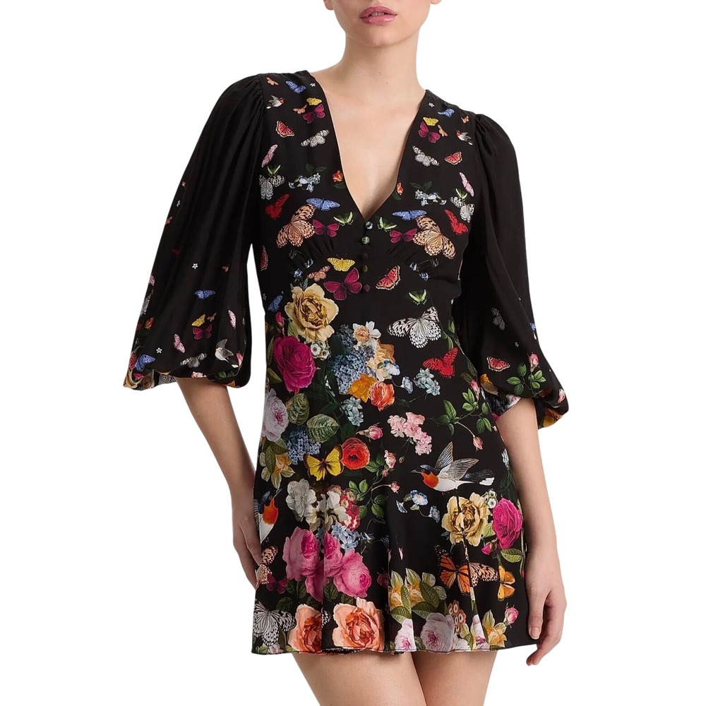 Alice + Olivia Irene Floral Butterfly Empire Waist Mini Solar Strength Black 0